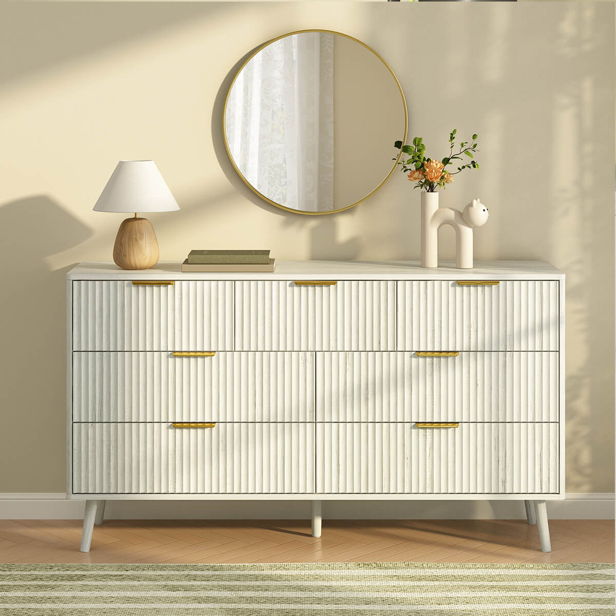 Corin Mid-Century-Modern Fluted White 7-Drawer Dresser - Riumlore