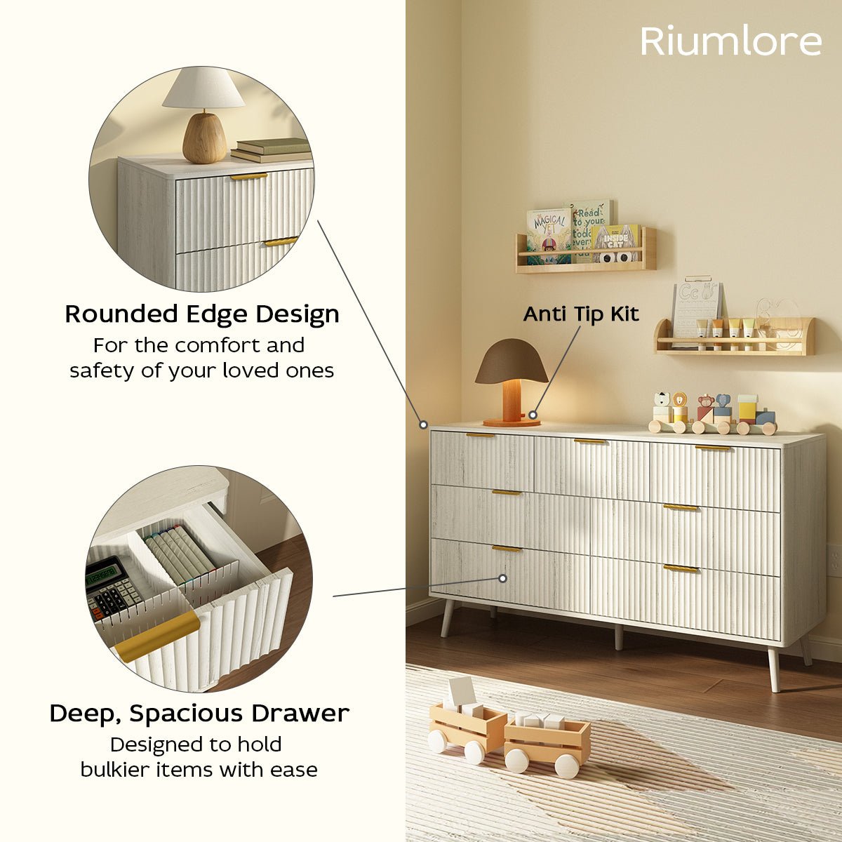 Corin Mid-Century-Modern Fluted White 7-Drawer Dresser - Riumlore