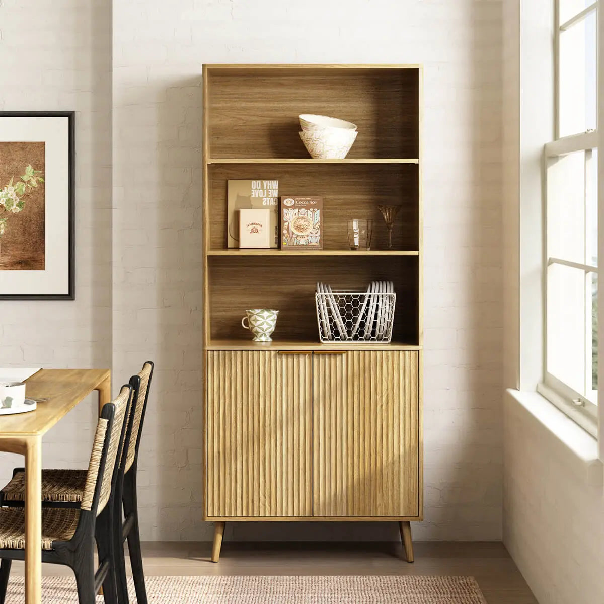 Thene Mid-Century-Modern Fluted Bookcase with Open Shelf - Riumlore