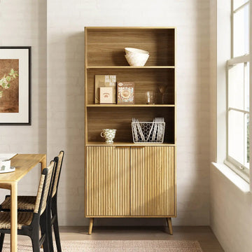 Thene Mid-Century-Modern Fluted Bookcase with Open Shelf - Riumlore