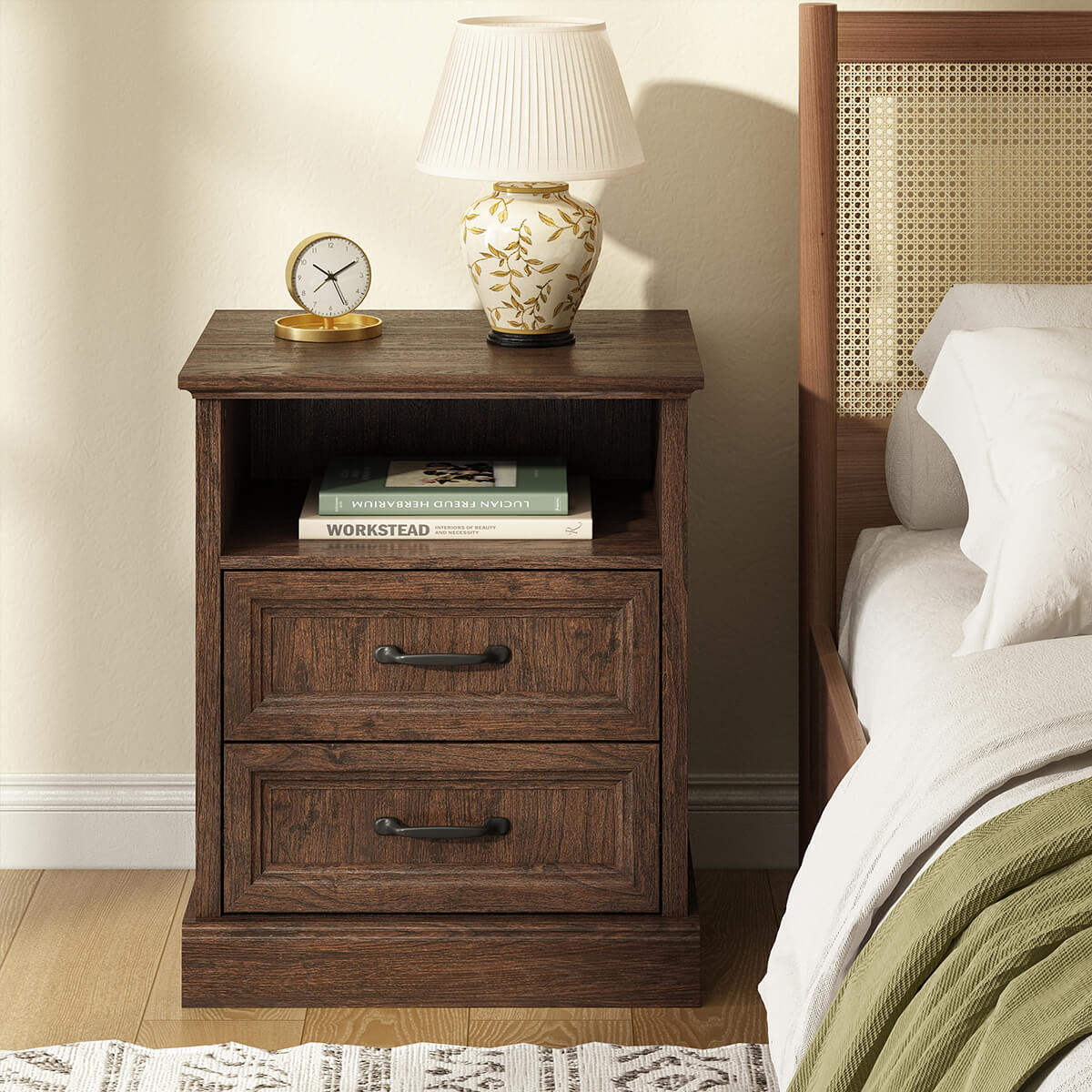 Rowen Rustic Solid Wood Nightstand with 2-Drawer & Open Shelf - Riumlore