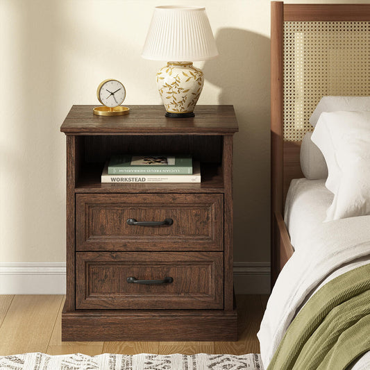 Rowen Rustic Solid Wood Nightstand with 2-Drawer & Open Shelf - Riumlore