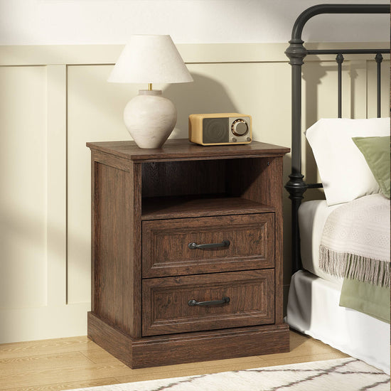 Rowen Rustic Solid Wood Nightstand with 2-Drawer & Open Shelf - Riumlore