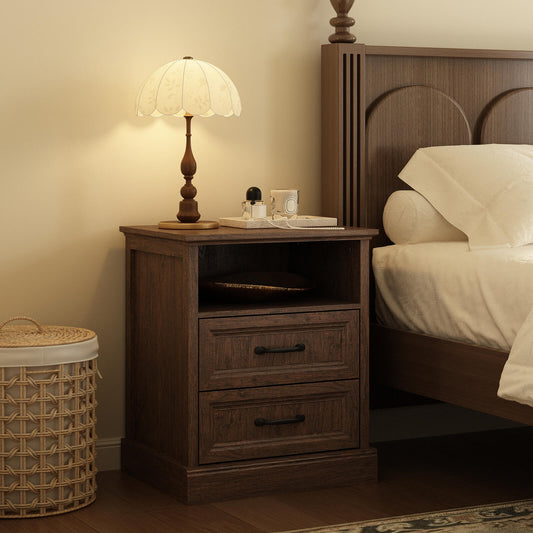 Rowen Rustic Solid Wood Nightstand with 2-Drawer & Open Shelf - Riumlore