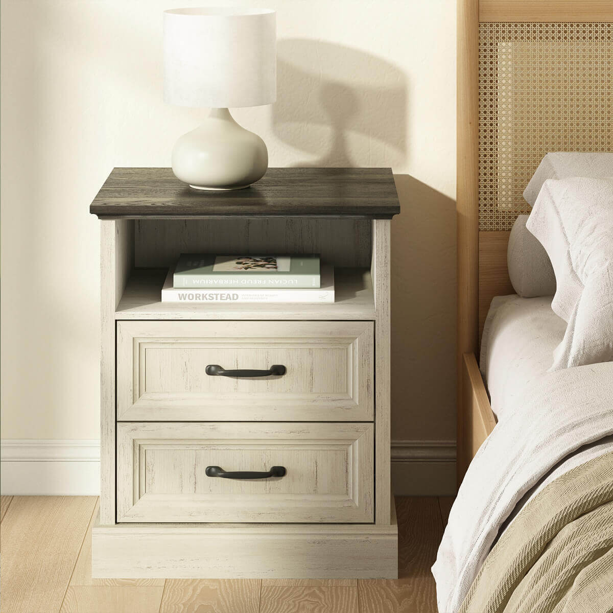 Maren Rustic Nightstand with 2-Drawer & Open Shelf - Riumlore