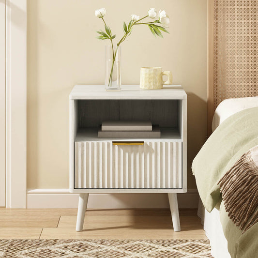 Corin Mid-Century Fluted White Nightstand with Drawer & Open Shelf - Riumlore