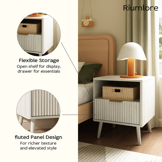 Corin Mid-Century Fluted White Nightstand with Drawer & Open Shelf - Riumlore