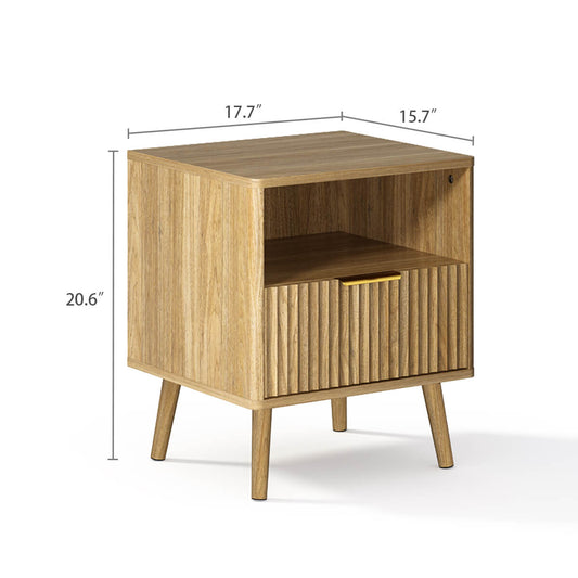 Thene Mid-Century Fluted Nightstand with Drawer & Open Shelf - Riumlore
