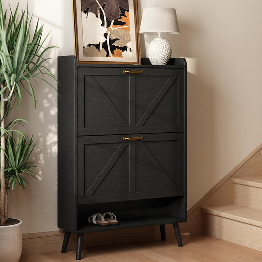 Xyla Farmhouse 2-Tier Vertical Black Shoe Cabinet