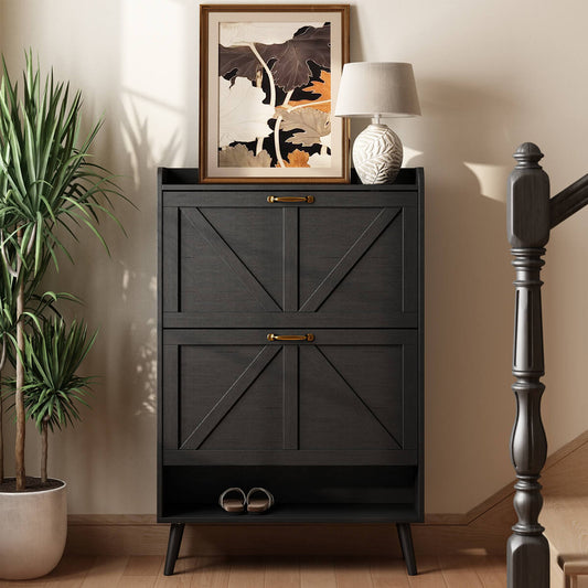 Xyla Farmhouse 2-Tier Vertical Black Shoe Cabinet