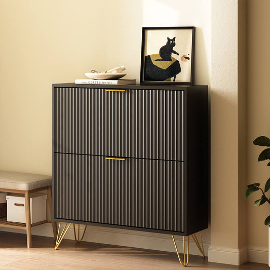 Luma Modern Fluted 2-Tier Vertical Black Shoe Cabinet - Riumlore