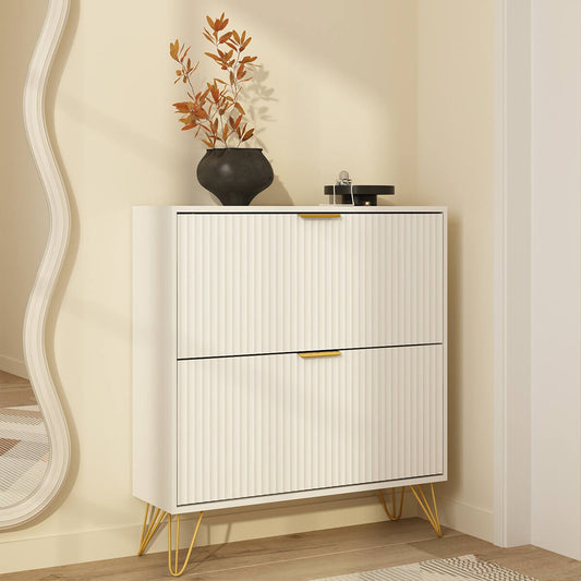 Luma Modern Fluted 2-Tier Vertical White Shoe Cabinet - Riumlore