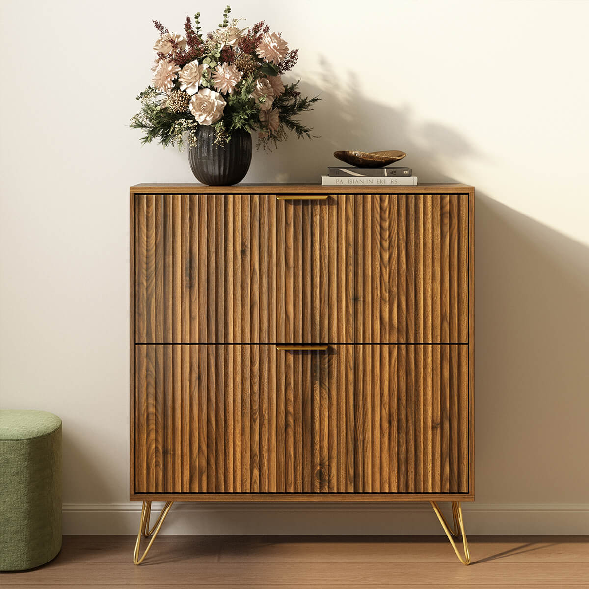 Luma Modern Fluted 2-Tier Vertical Walnut Shoe Cabinet - Riumlore