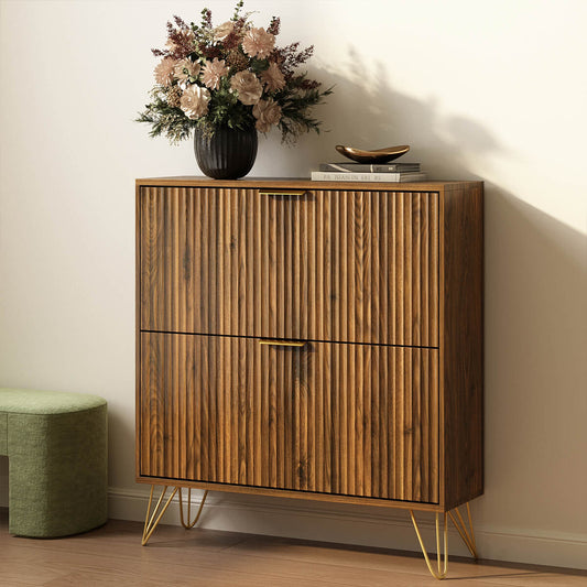 Luma Modern Fluted 2-Tier Vertical Walnut Shoe Cabinet - Riumlore