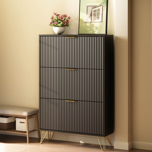 Luma Modern Fluted 3-Tier Vertical Black Shoe Cabinet - Riumlore