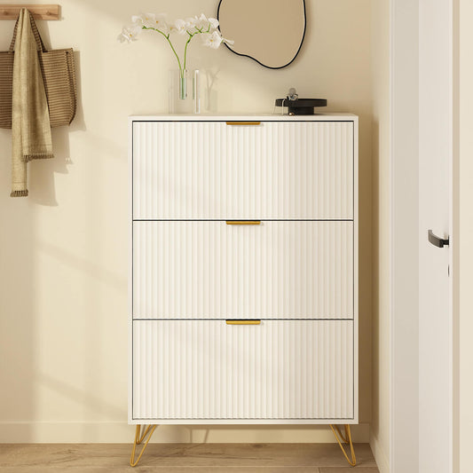 Luma Modern Fluted 3-Tier Vertical White Shoe Cabinet - Riumlore