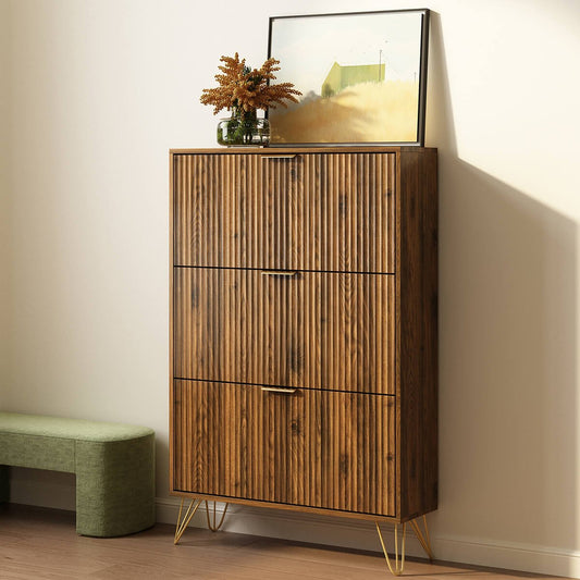 Luma Modern Fluted 3-Tier Vertical Walnut Shoe Cabinet - Riumlore