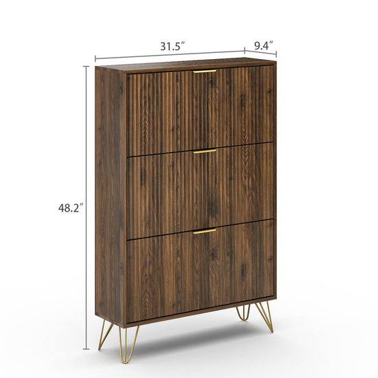 Luma Modern Fluted 3-Tier Vertical Walnut Shoe Cabinet - Riumlore