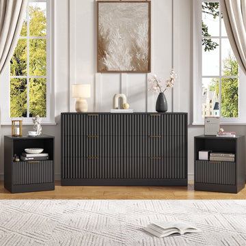 3-Piece Modern Bedroom Set - 6 Drawer Wide Dresser & Nightstands Set of 2 with Fluted Design, Anti-Tip Safety Black Natural Wood Storage Furniture for Bedroom,Hallway 6+2,Black