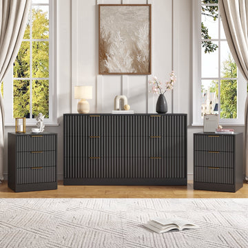 3-Piece Modern Bedroom Set - 6 Drawer Wide Dresser & Nightstands Set of 2 with Fluted Design, Anti-Tip Safety Black Natural Wood Storage Furniture for Bedroom,Hallway 6+6,Black
