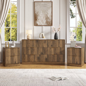 3-Piece Modern Bedroom Set - 6 Drawer Wide Dresser & Nightstands Set of 2 with Fluted Design, Anti-Tip Safety Brown Natural Wood Storage Furniture for Bedroom,Hallway 6+4,Brown