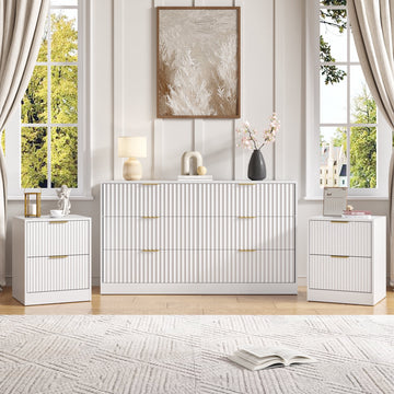 3-Piece Modern Bedroom Set - 6 Drawer Wide Dresser & Nightstands Set of 2 with Fluted Design, Anti-Tip Safety White Natural Wood Storage Furniture for Bedroom,Hallway 6+4,White
