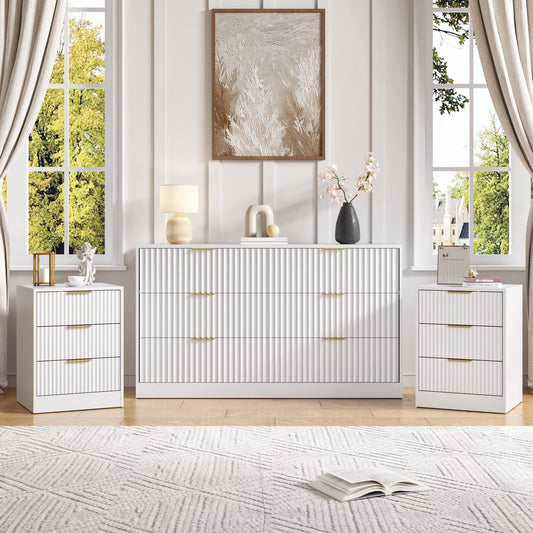 3-Piece Modern Bedroom Set - 6 Drawer Wide Dresser & Nightstands Set of 2 with Fluted Design, Anti-Tip Safety White Natural Wood Storage Furniture for Bedroom,Hallway 6+6,White