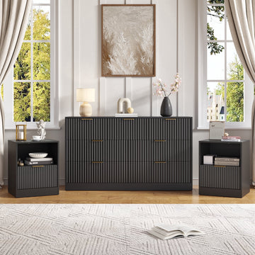 3-Piece Modern Bedroom Set - 7 Drawer Wide Dresser & Nightstands Set of 2 with Fluted Design, Anti-Tip Safety Black Natural Wood Storage Furniture for Bedroom,Hallway 7+2,Black
