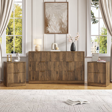 3-Piece Modern Bedroom Set - 7 Drawer Wide Dresser & Nightstands Set of 2 with Fluted Design, Anti-Tip Safety Brown Natural Wood Storage Furniture for Bedroom,Hallway 7+4,Brown