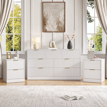 3-Piece Modern Bedroom Set - 7 Drawer Wide Dresser & Nightstands Set of 2 with Fluted Design, Anti-Tip Safety White Natural Wood Storage Furniture for Bedroom,Hallway 7+4,White