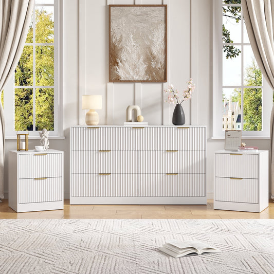 3-Piece Modern Bedroom Set - 7 Drawer Wide Dresser & Nightstands Set of 2 with Fluted Design, Anti-Tip Safety White Natural Wood Storage Furniture for Bedroom,Hallway 7+4,White