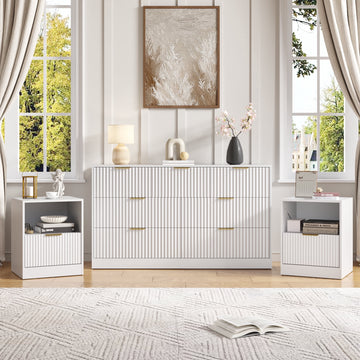 3-Piece Modern Bedroom Set - 7 Drawer Wide Dresser & Nightstands Set of 2 with Fluted Design, Anti-Tip Safety White Natural Wood Storage Furniture for Bedroom,Hallway 7+2,White