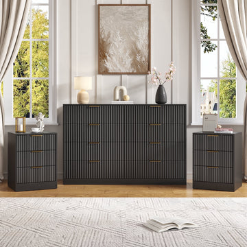 3-Piece Modern Bedroom Set - 8 Drawer Wide Dresser & Nightstands Set of 2 with Fluted Design, Anti-Tip Safety Black Natural Wood Storage Furniture for Bedroom,Hallway 8+6,Black