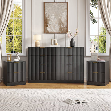 3-Piece Modern Bedroom Set - 8 Drawer Wide Dresser & Nightstands Set of 2 with Fluted Design, Anti-Tip Safety Black Natural Wood Storage Furniture for Bedroom,Hallway 8+4,Black