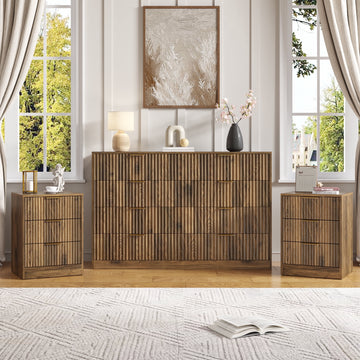 3-Piece Modern Bedroom Set - 8 Drawer Wide Dresser & Nightstands Set of 2 with Fluted Design, Anti-Tip Safety Brown Natural Wood Storage Furniture for Bedroom,Hallway 8+6,Brown