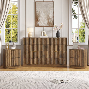 3-Piece Modern Bedroom Set - 8 Drawer Wide Dresser & Nightstands Set of 2 with Fluted Design, Anti-Tip Safety Brown Natural Wood Storage Furniture for Bedroom,Hallway 8+4,Brown