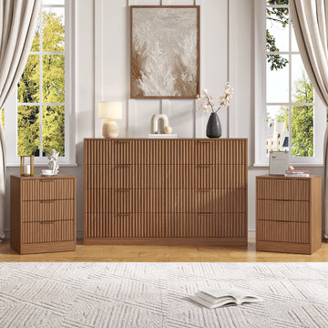 3-Piece Modern Bedroom Set - 8 Drawer Wide Dresser & Nightstands Set of 2 with Fluted Design, Anti-Tip Safety Light Walnut Natural Wood Storage Furniture for Bedroom,Hallway 8+6,Light Walnut