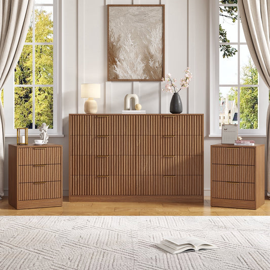 3-Piece Modern Bedroom Set - 8 Drawer Wide Dresser & Nightstands Set of 2 with Fluted Design, Anti-Tip Safety Light Walnut Natural Wood Storage Furniture for Bedroom,Hallway 8+6,Light Walnut