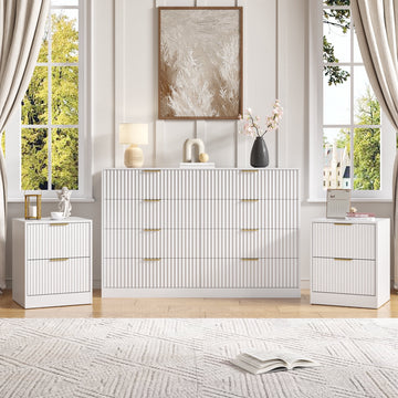 3-Piece Modern Bedroom Set - 8 Drawer Wide Dresser & Nightstands Set of 2 with Fluted Design, Anti-Tip Safety White Natural Wood Storage Furniture for Bedroom,Hallway 8+4,White