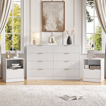 3-Piece Modern Bedroom Set - 8 Drawer Wide Dresser & Nightstands Set of 2 with Fluted Design, Anti-Tip Safety White Natural Wood Storage Furniture for Bedroom,Hallway 8+2,White