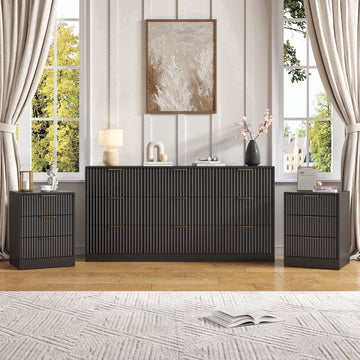3-Piece Modern Bedroom Set - 9 Drawer Wide Dresser & Nightstands Set of 2 with Fluted Design, Anti-Tip Safety Black Natural Wood Storage Furniture for Bedroom,Hallway 9+6,Black