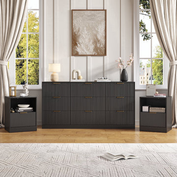 3-Piece Modern Bedroom Set - 9 Drawer Wide Dresser & Nightstands Set of 2 with Fluted Design, Anti-Tip Safety Black Natural Wood Storage Furniture for Bedroom,Hallway 9+2,Black