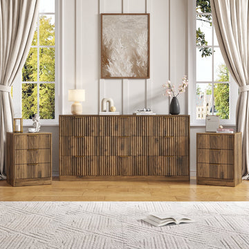 3-Piece Modern Bedroom Set - 9 Drawer Wide Dresser & Nightstands Set of 2 with Fluted Design, Anti-Tip Safety Brown Natural Wood Storage Furniture for Bedroom,Hallway 9+6,Brown