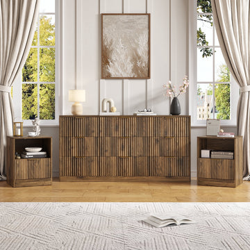 3-Piece Modern Bedroom Set - 9 Drawer Wide Dresser & Nightstands Set of 2 with Fluted Design, Anti-Tip Safety Brown Natural Wood Storage Furniture for Bedroom,Hallway 9+2,Brown