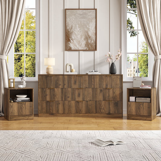 3-Piece Modern Bedroom Set - 9 Drawer Wide Dresser & Nightstands Set of 2 with Fluted Design, Anti-Tip Safety Brown Natural Wood Storage Furniture for Bedroom,Hallway 9+2,Brown