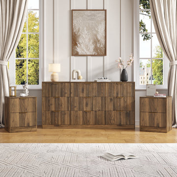 3-Piece Modern Bedroom Set - 9 Drawer Wide Dresser & Nightstands Set of 2 with Fluted Design, Anti-Tip Safety Brown Natural Wood Storage Furniture for Bedroom,Hallway 9+4,Brown