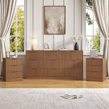 3-Piece Modern Bedroom Set - 9 Drawer Wide Dresser & Nightstands Set of 2 with Fluted Design, Anti-Tip Safety Light Walnut Natural Wood Storage Furniture for Bedroom,Hallway 9+6,Light Walnut