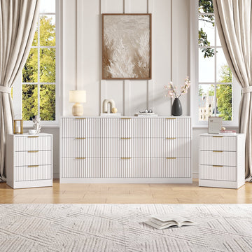 3-Piece Modern Bedroom Set - 9 Drawer Wide Dresser & Nightstands Set of 2 with Fluted Design, Anti-Tip Safety White Natural Wood Storage Furniture for Bedroom,Hallway 9+6,White