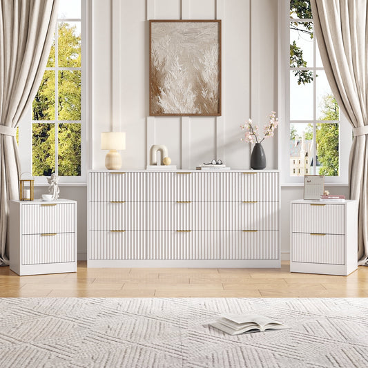 3-Piece Modern Bedroom Set - 9 Drawer Wide Dresser & Nightstands Set of 2 with Fluted Design, Anti-Tip Safety White Natural Wood Storage Furniture for Bedroom,Hallway 9+4,White