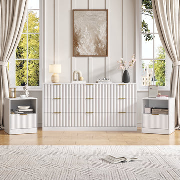 3-Piece Modern Bedroom Set - 9 Drawer Wide Dresser & Nightstands Set of 2 with Fluted Design, Anti-Tip Safety White Natural Wood Storage Furniture for Bedroom,Hallway 9+2,White